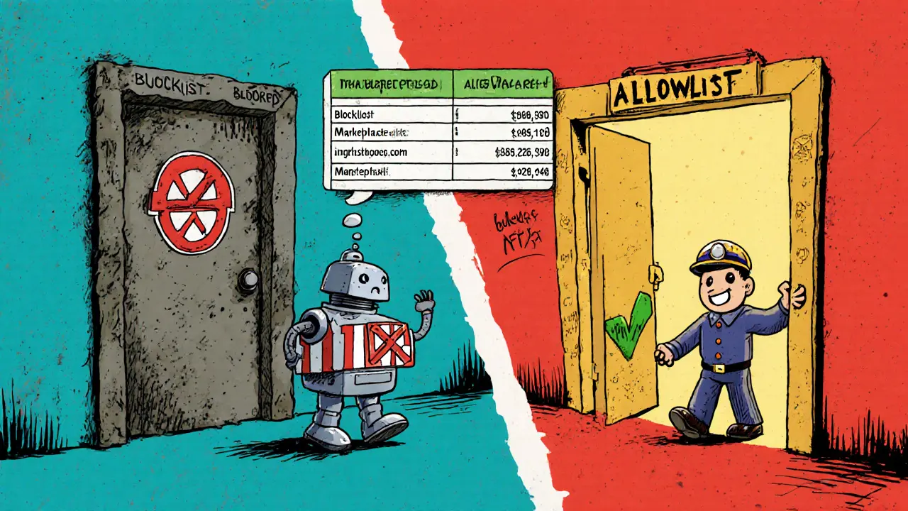 Side‑by‑side cartoon showing a blocked marketplace door vs. an approved marketplace door for NFTs.