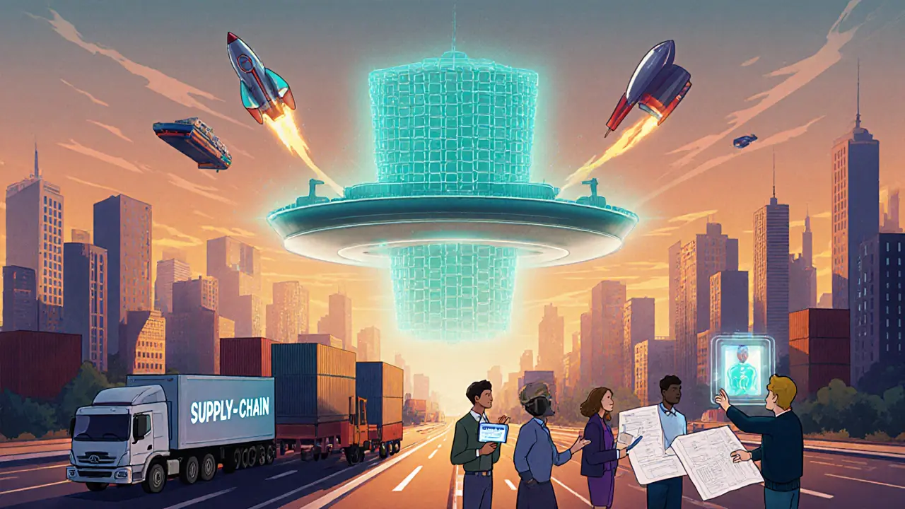 Vintage cartoon city with a transparent ledger arching over supply chain and payment scenes.