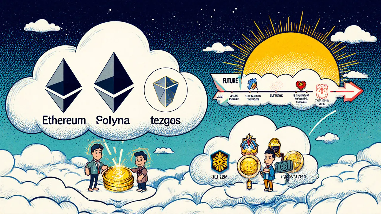 Vintage cartoon marketplace on clouds with Ethereum, Solana, Polygon, Tezos icons and future arrow.