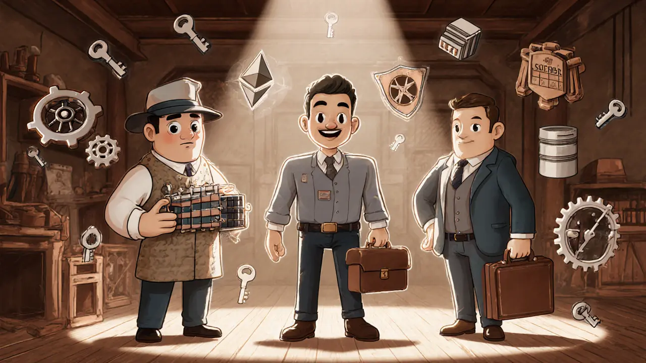 Vintage cartoon mascots for Fabric, Besu, and Quorum with consensus and crypto icons.