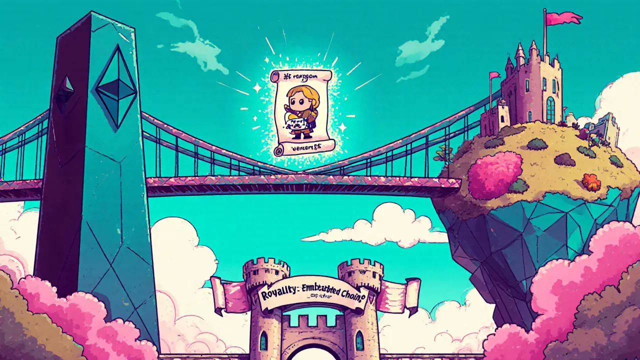 Vintage cartoon of an NFT crossing a bridge between Ethereum and Polygon with royalty scroll.