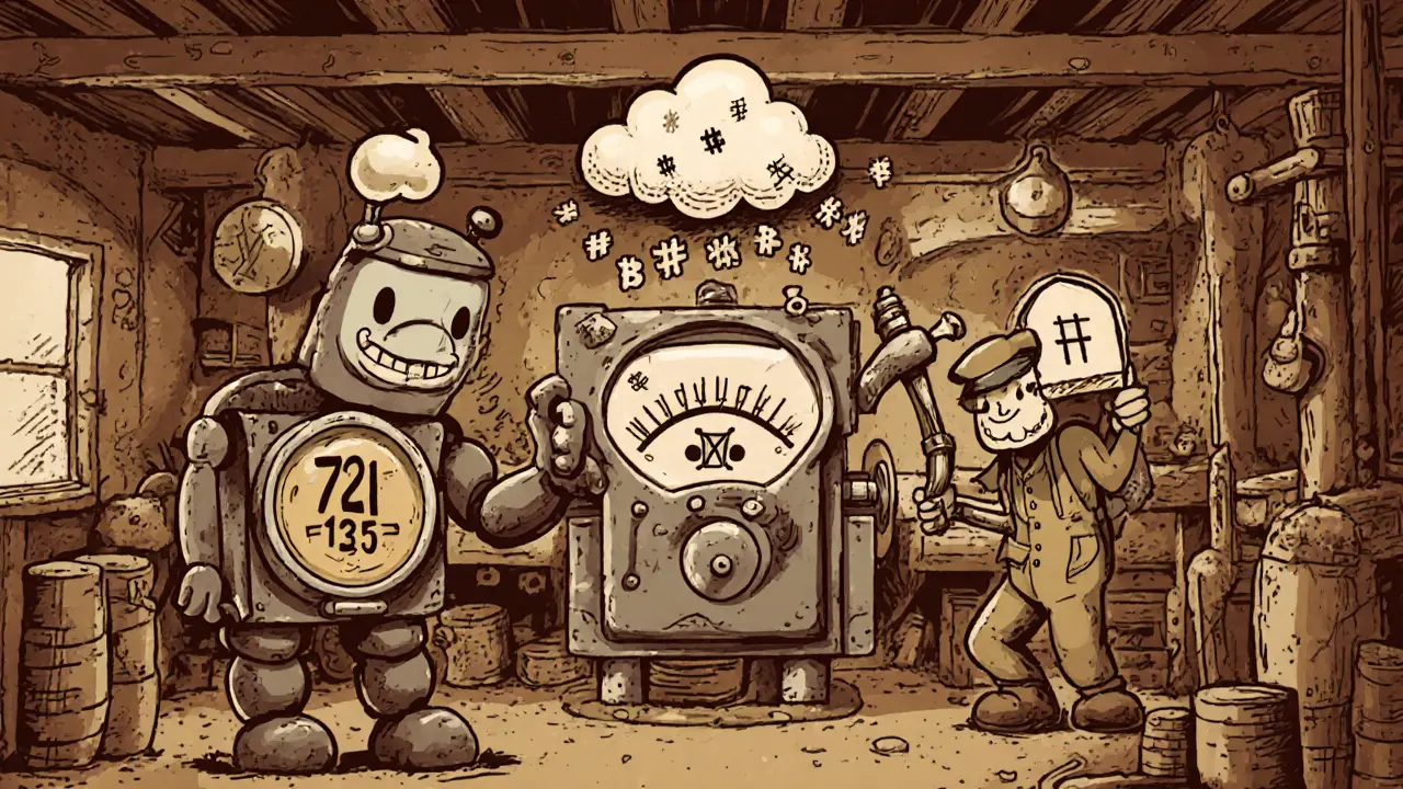 Vintage cartoon workshop where a robot wallet and miner mint an NFT with gas meter and IPFS cloud.