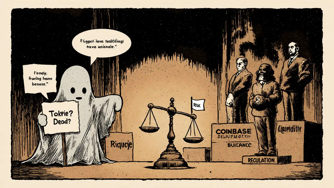 Cartoon courtroom scene with ghostly Tokpie versus Binance and Coinbase on a balance scale.