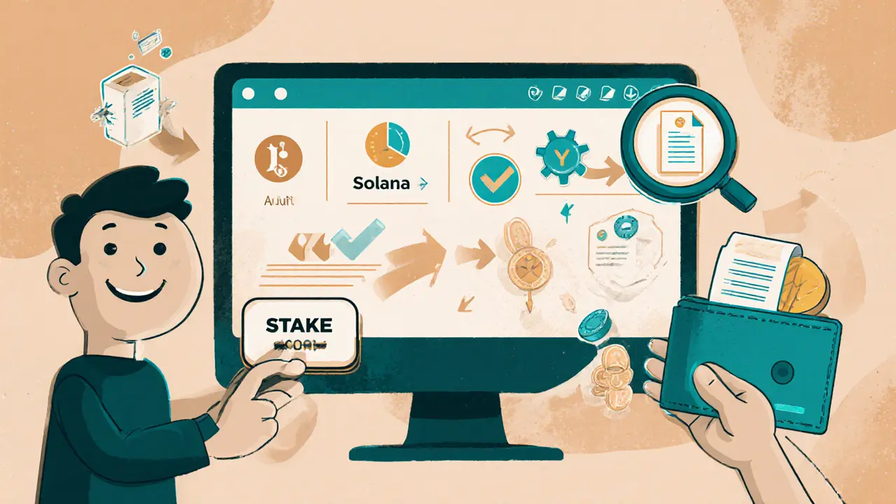 Cartoon dashboard shows AI audit, Solana and Base coins, and staking action.
