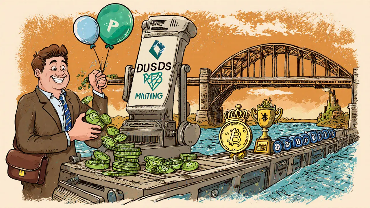Cartoon factory showing wallet feeding LST and USDC into a DUSD minting press, then staking sDUSD and crossing a bridge.