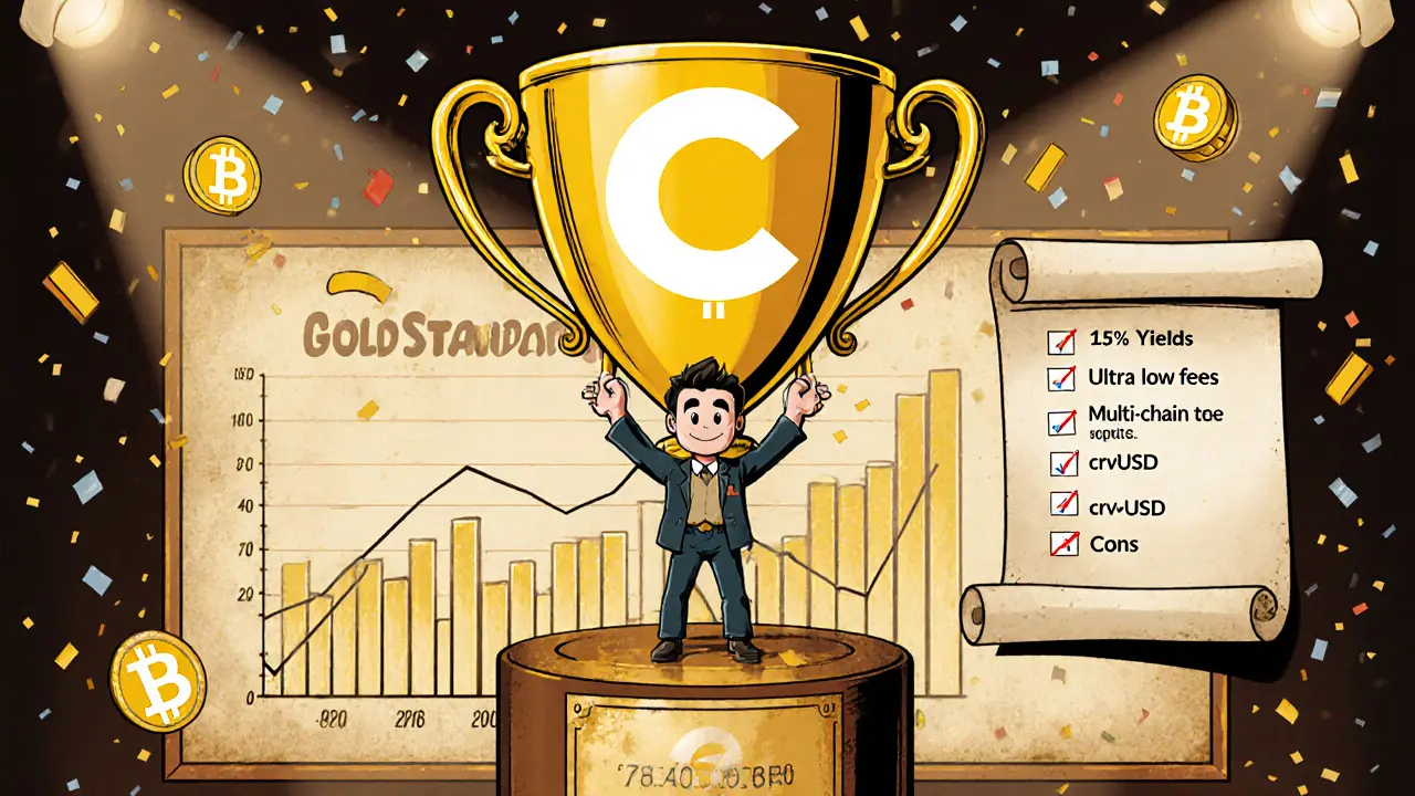 Celebratory vintage cartoon scene of a trader receiving a trophy for high Curve yields and low fees.