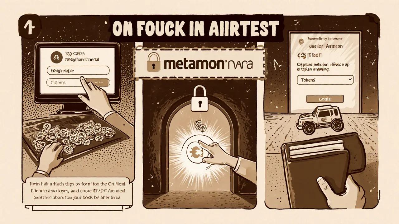 Five‑panel cartoon guide showing wallet check, portal connection, claim button, token receipt, and bonus Cybertruck NFT.