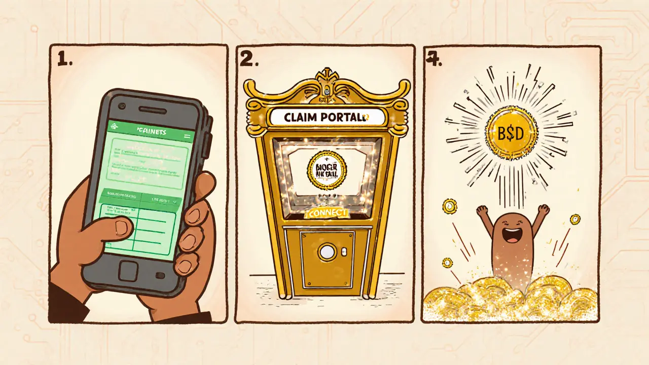 Three‑panel cartoon showing wallet setup, portal connection, and receiving Super NFT and BUSD.