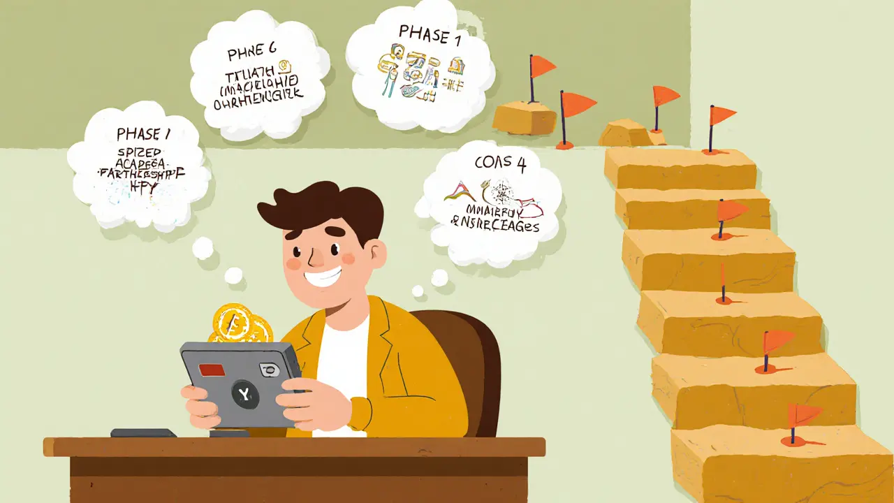 User with wallet stakes YNE, thought bubbles show pros and cons, roadmap steps behind.