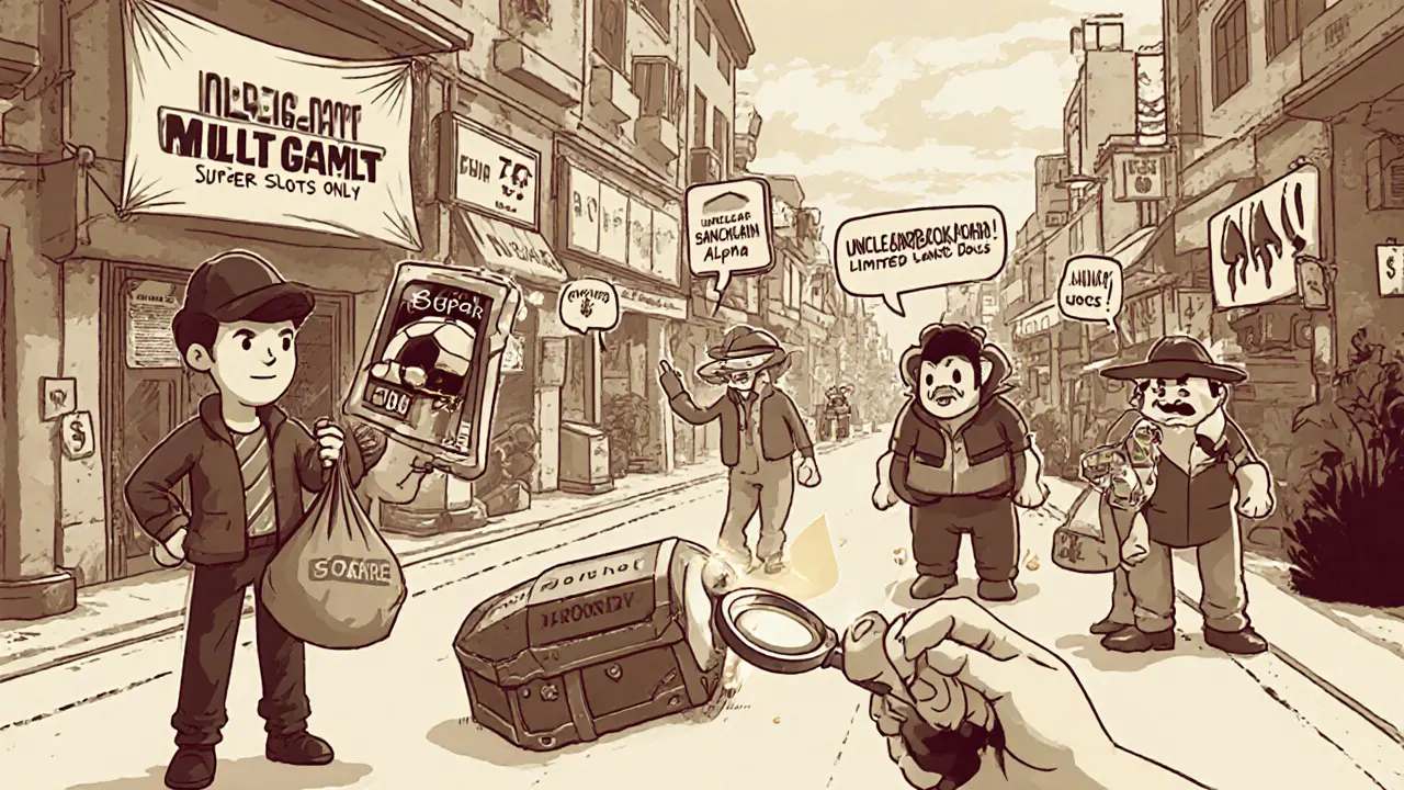 Vintage cartoon marketplace comparing Multigame airdrop with others, highlighting risks and NFT box opening.