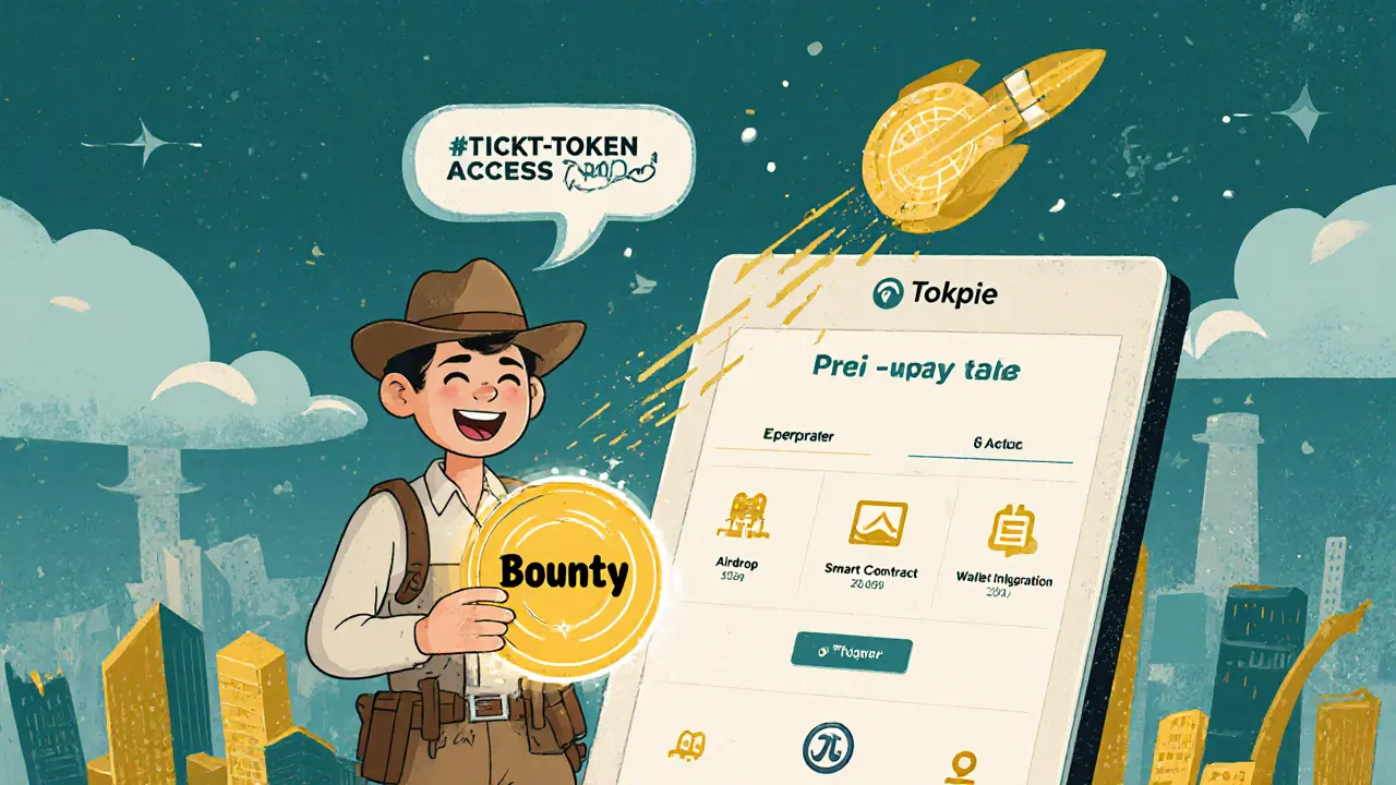 Vintage cartoon of a explorer holding a glowing bounty token beside a rocket token.