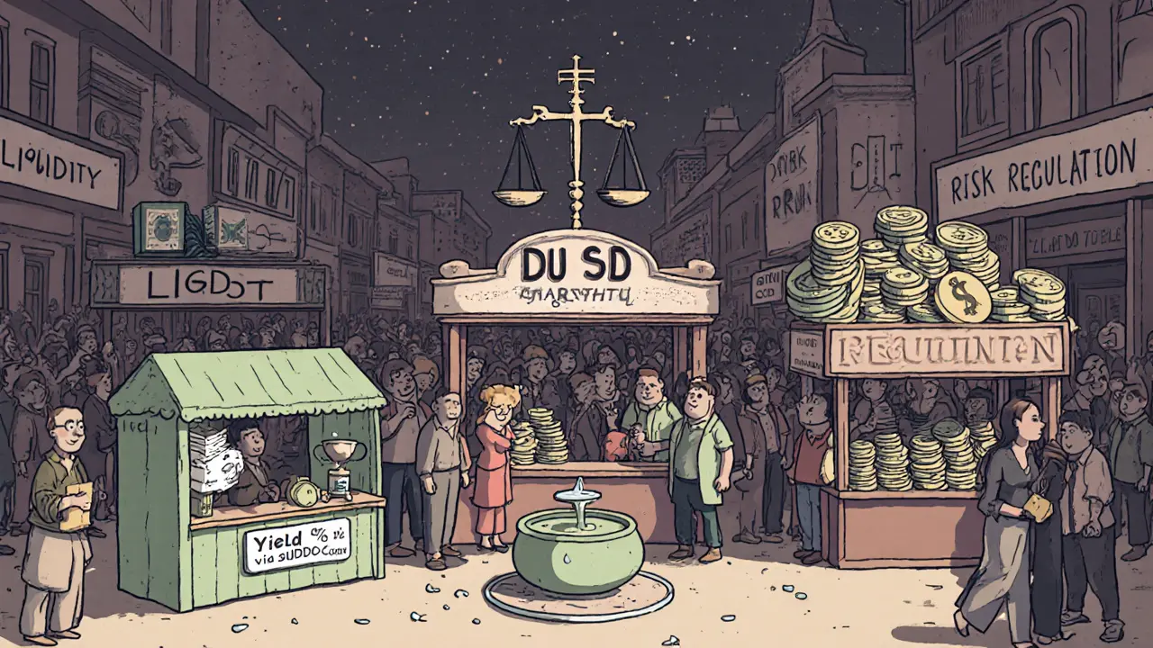Vintage market scene comparing DUSD, USDT, USDC, and DAI with stalls, a fee fountain, and a balance scale.