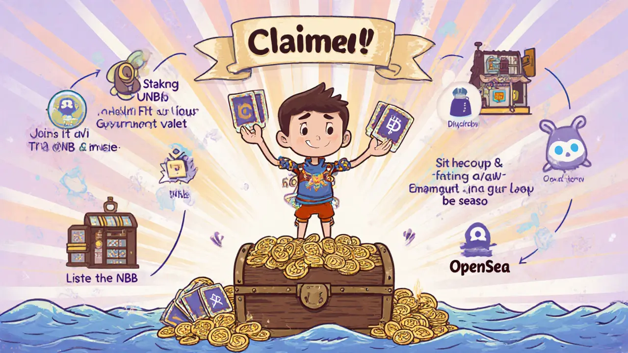 Cartoon character celebrates claimed NFT and tokens, with roadmap to staking and next airdrop.