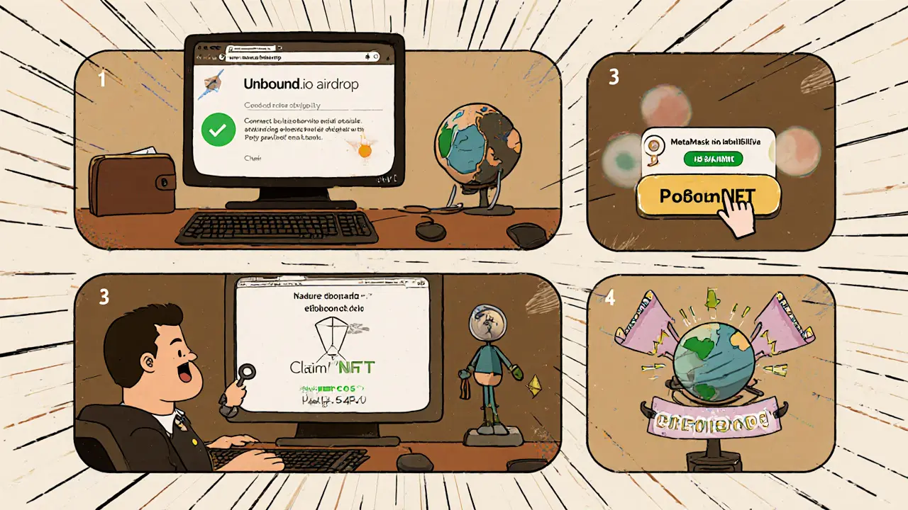 Cartoon hero follows claim steps: connect wallet, verify, choose chain, claim NFT.