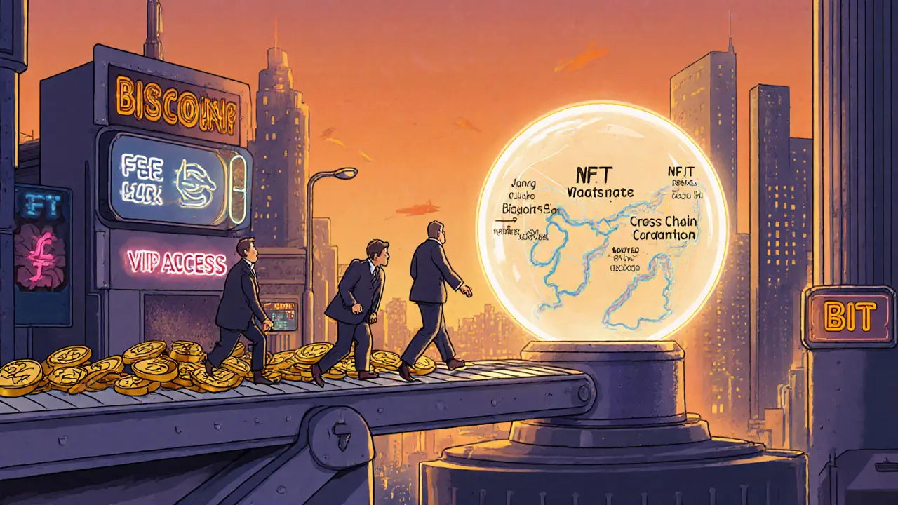Cartoon investors on conveyor belt of BIT coins looking at a crystal ball roadmap.