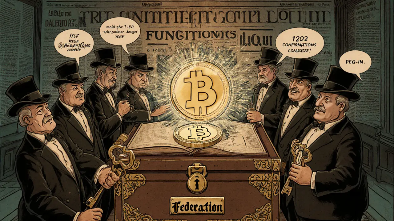 Cartoon of 15 functionaries signing a ledger as BTC turns into L‑BTC.