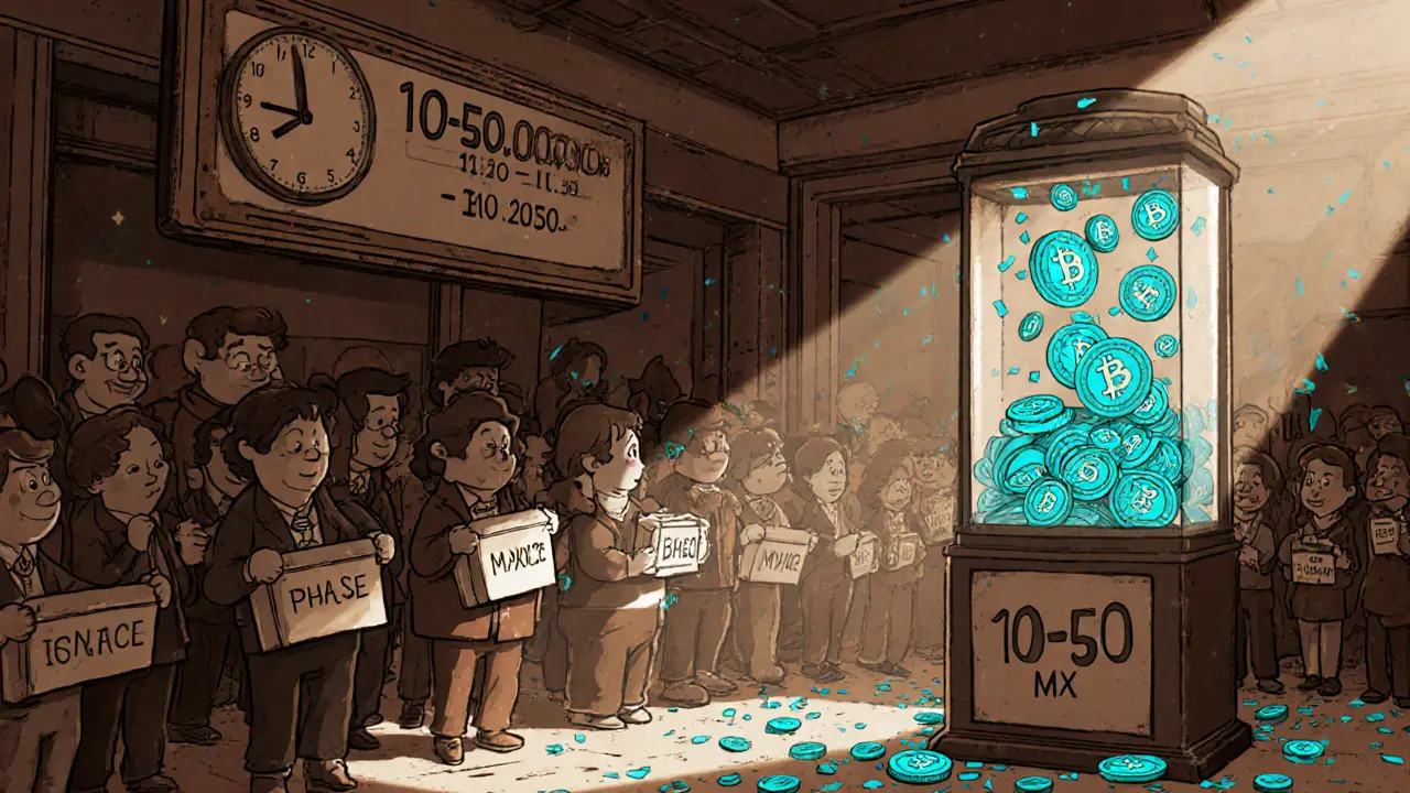 Retro airdrop hall with people staking MX tokens and BIT coins raining down.