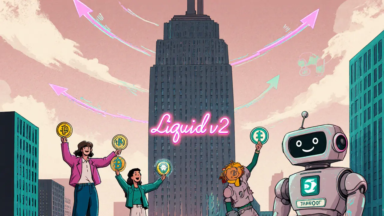 Retro‑futuristic cartoon of Liquidv2 city with tokens and Schnorr signature.