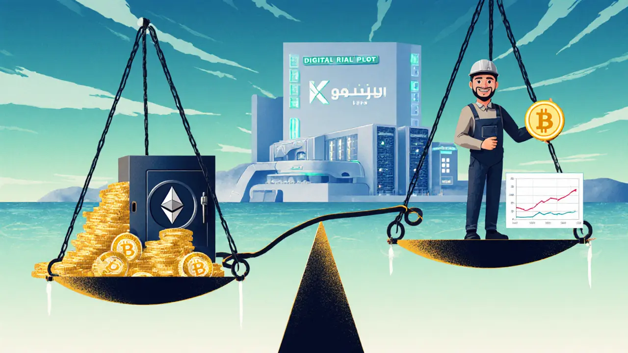Vintage cartoon balance showing crypto to treasury versus miner profit with digital rial.