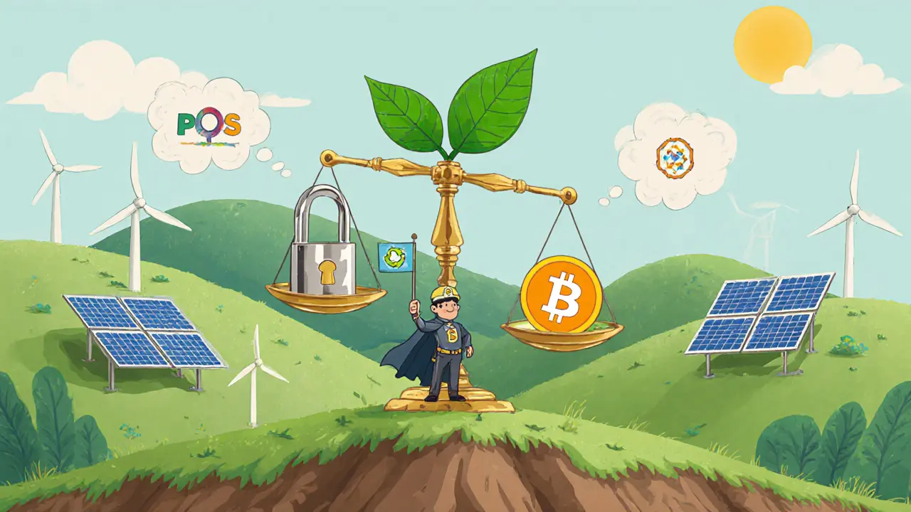 Vintage cartoon hillside with solar panels, mining rigs, and scales balancing security and environment.
