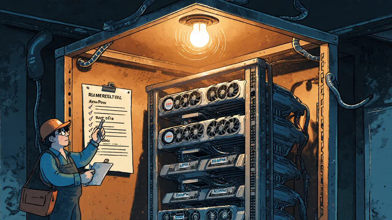 Vintage cartoon of a 6‑GPU rig assembly with checklist and fans.