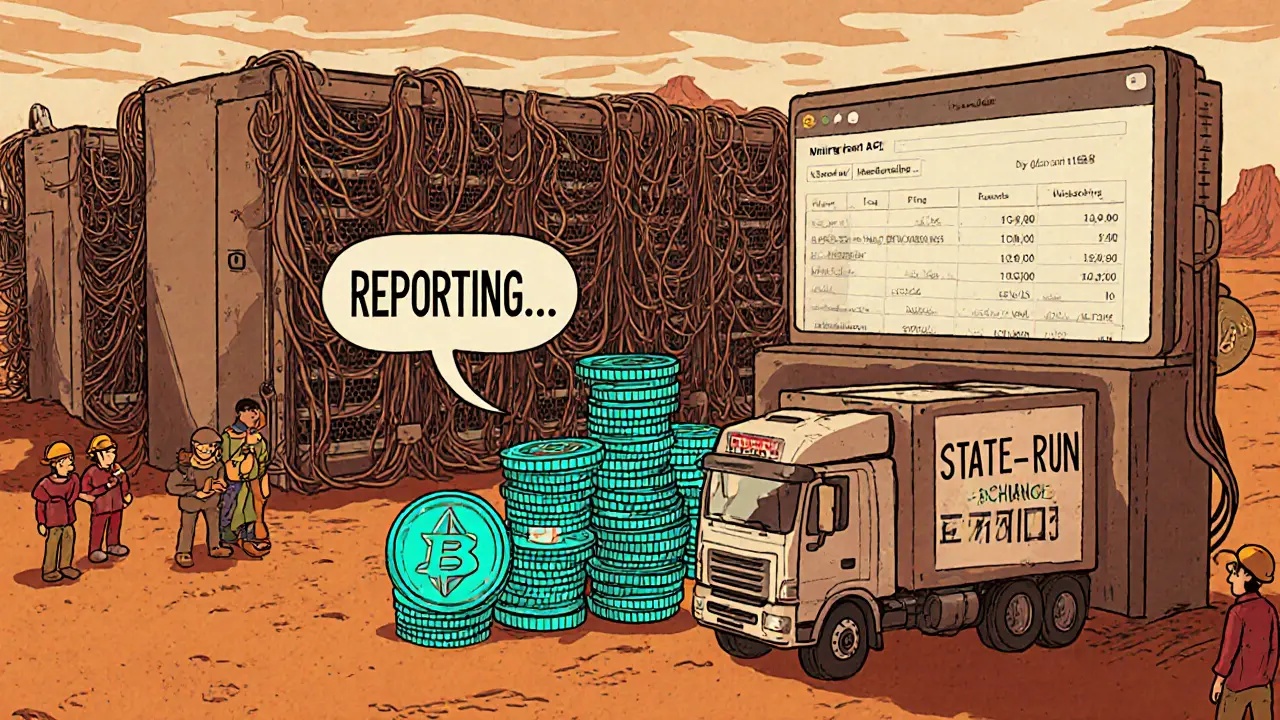 Vintage cartoon of a large mining farm delivering mandatory crypto to a state exchange.