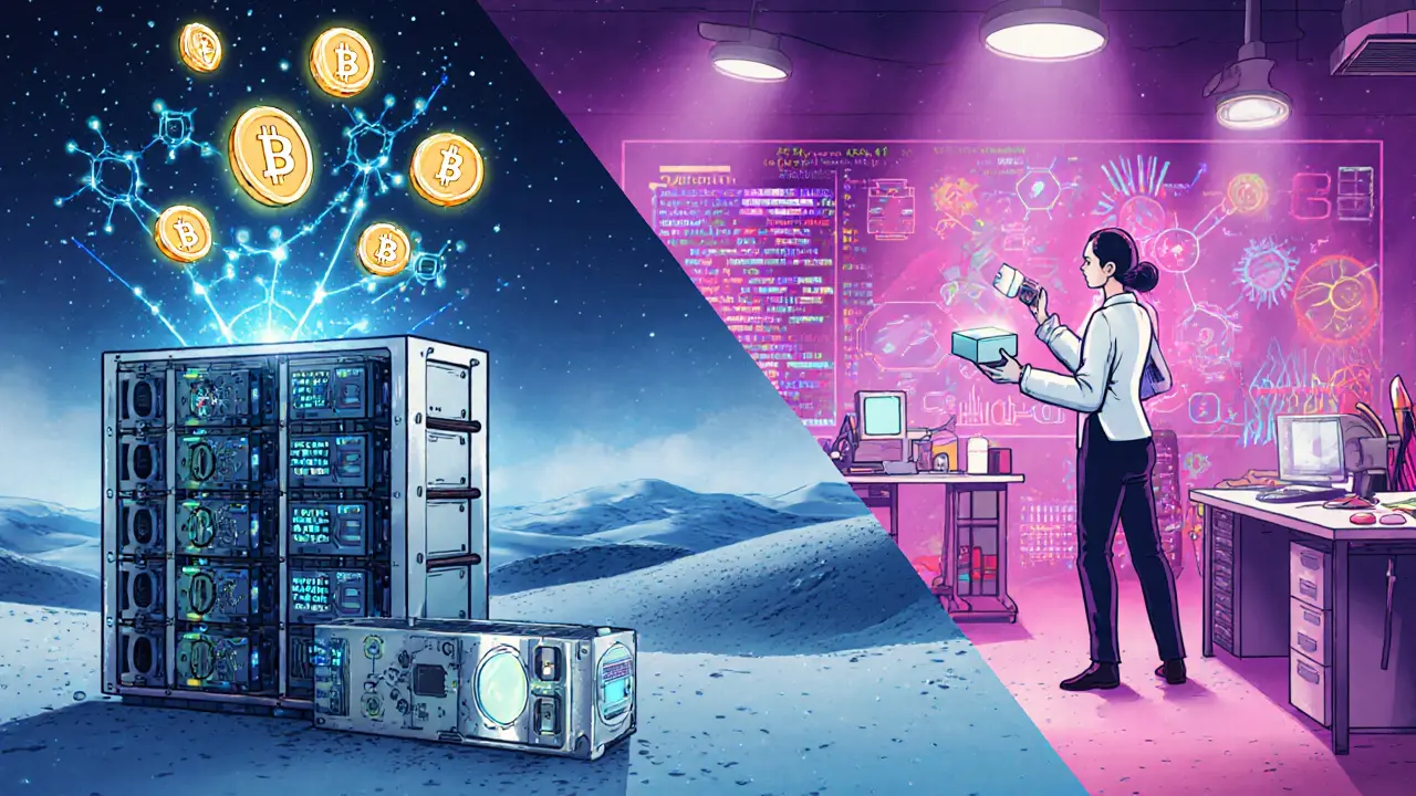 Vintage cartoon showing GPU rig mining crypto on one side and AI rendering on the other.