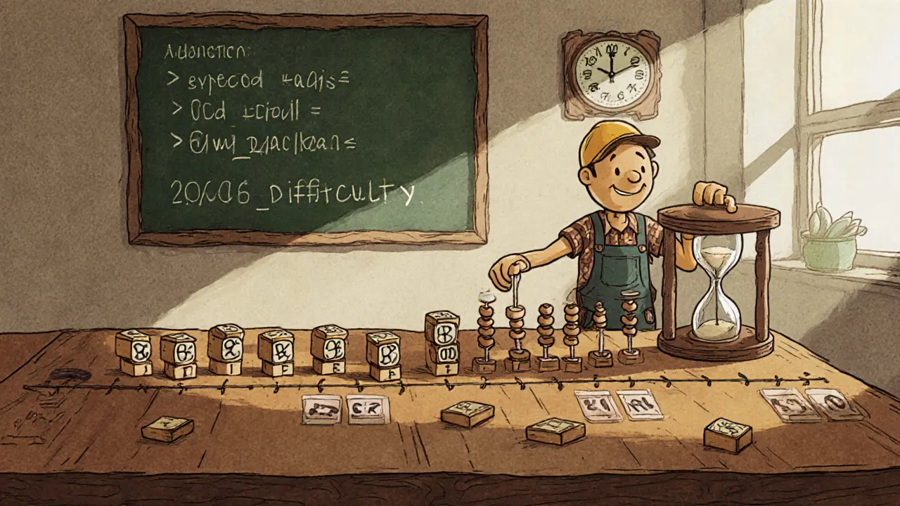 Vintage cartoon timeline of 2,016 blocks with a miner using an abacus to illustrate the adjustment formula.