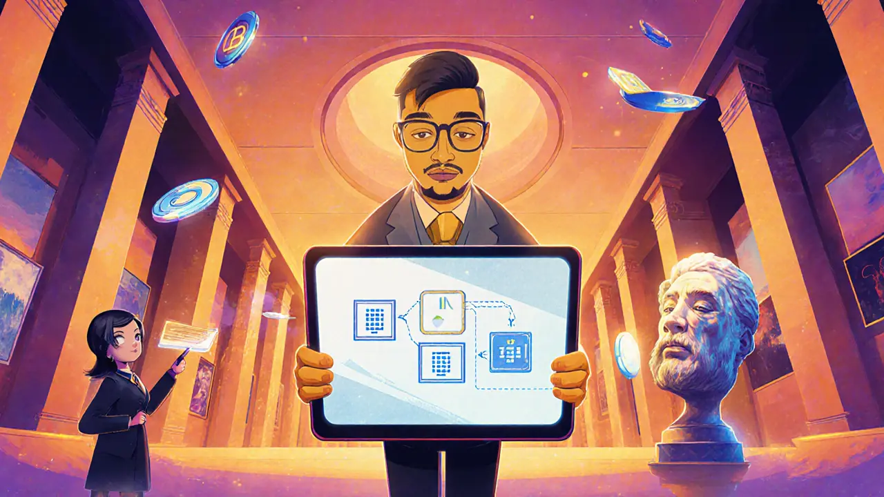 Curator shows NFT ledger in museum, NFC chip glows, AI assistants aid, in vintage cartoon style.