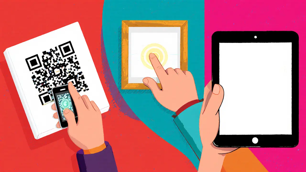 Three verification methods: QR scan, NFC tap, and digital watermark detection illustrated cartoonishly.