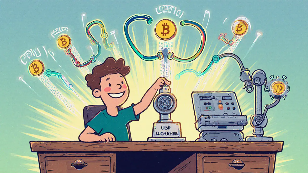 Cartoon developer presses a lever, launching colorful blockchains from a UNIT0 token.