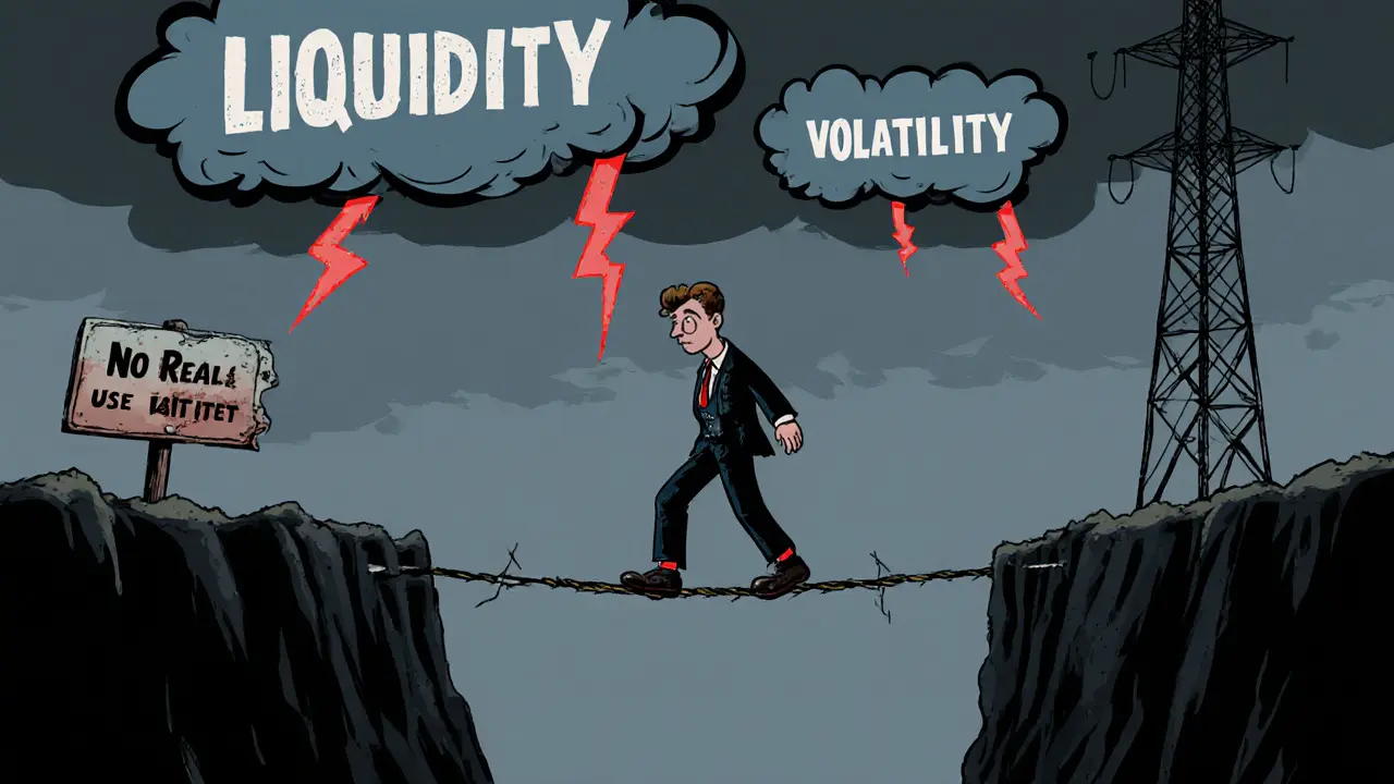 Cartoon investor walks a tightrope over a chasm with storm clouds labeled Volatility and a broken utility sign.