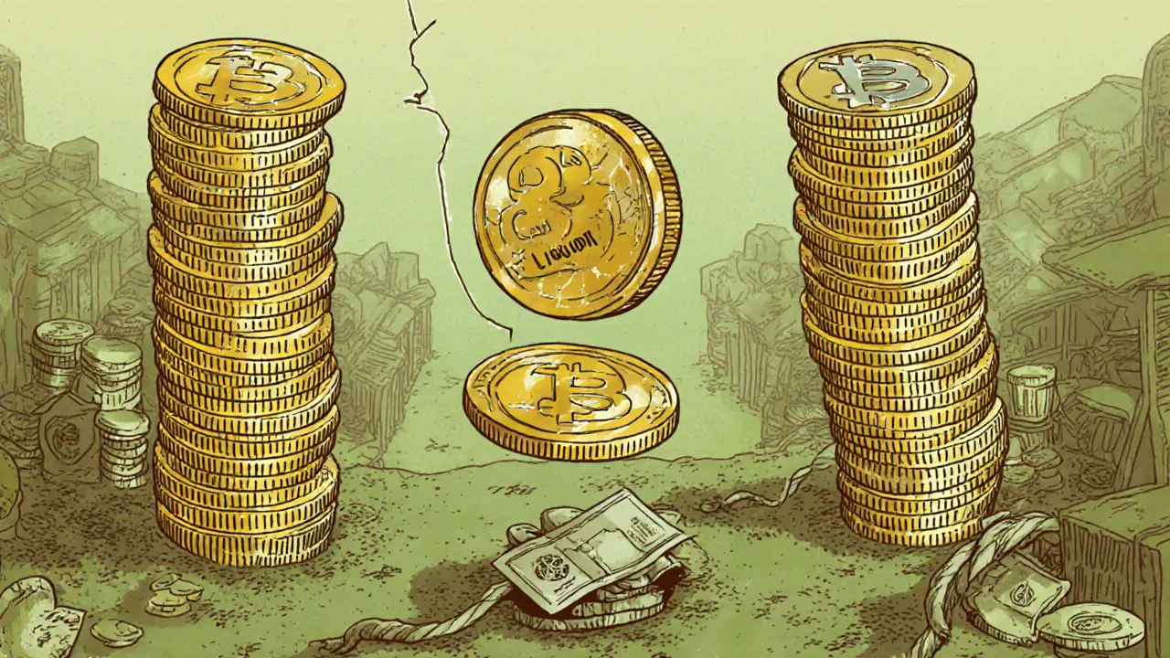Cartoon market scene shows a tiny ROT coin beside huge BONK and WIF coin piles and a thin liquidity rope.