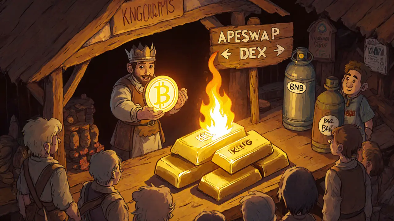 Cartoon market stall swapping KING tokens for gold with ApeSwap sign.