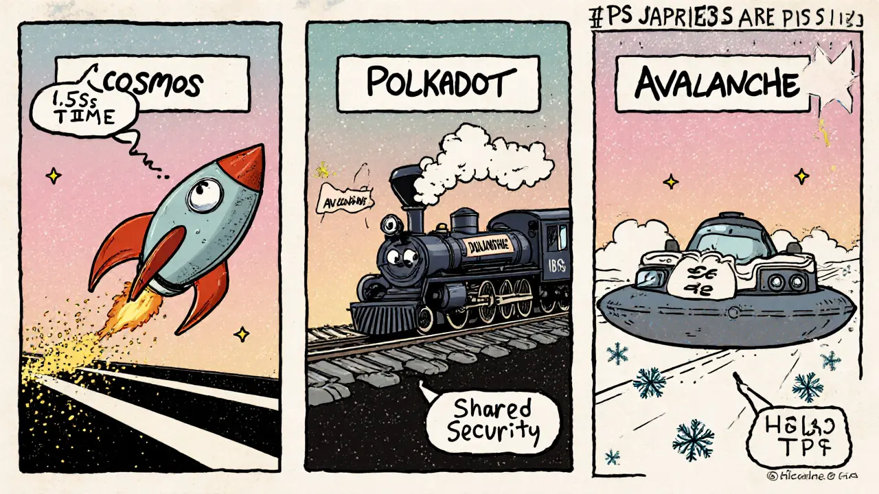 Cartoon race showing Cosmos, Polkadot, Avalanche characters competing on speed and performance.