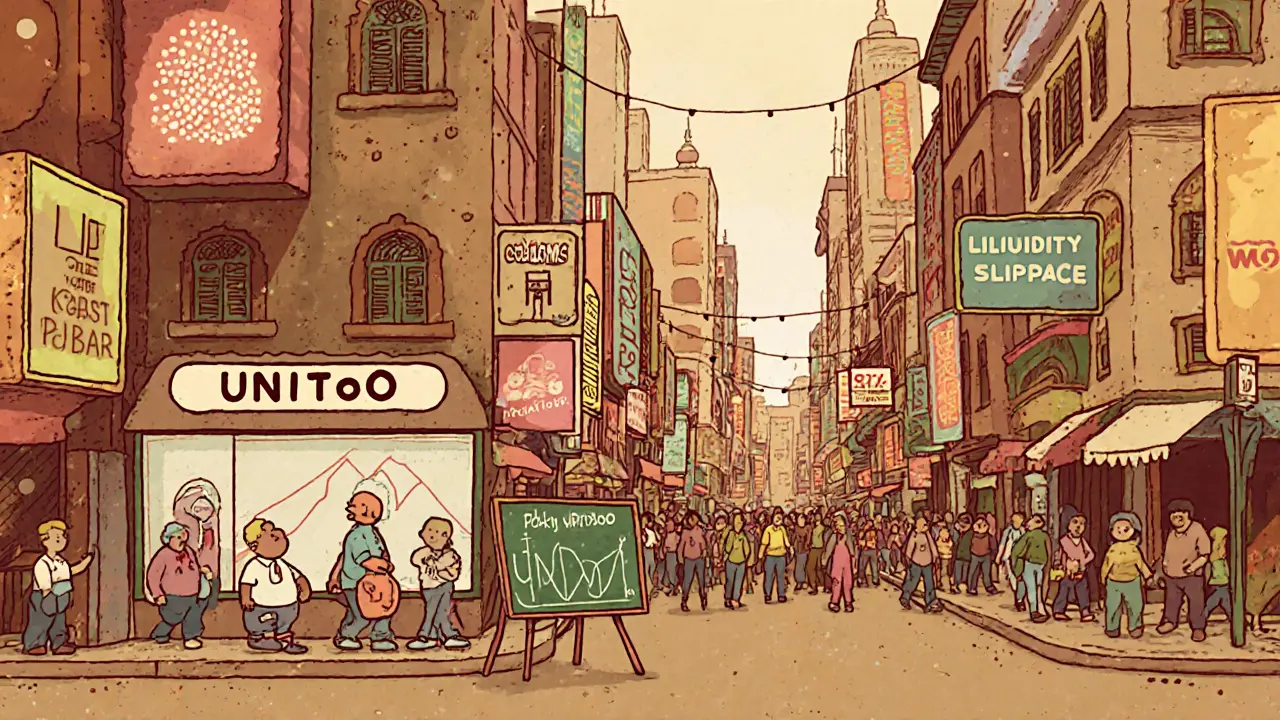 Retro market street shows a small UNIT0 shop beside larger Cosmos and Polkadot buildings.