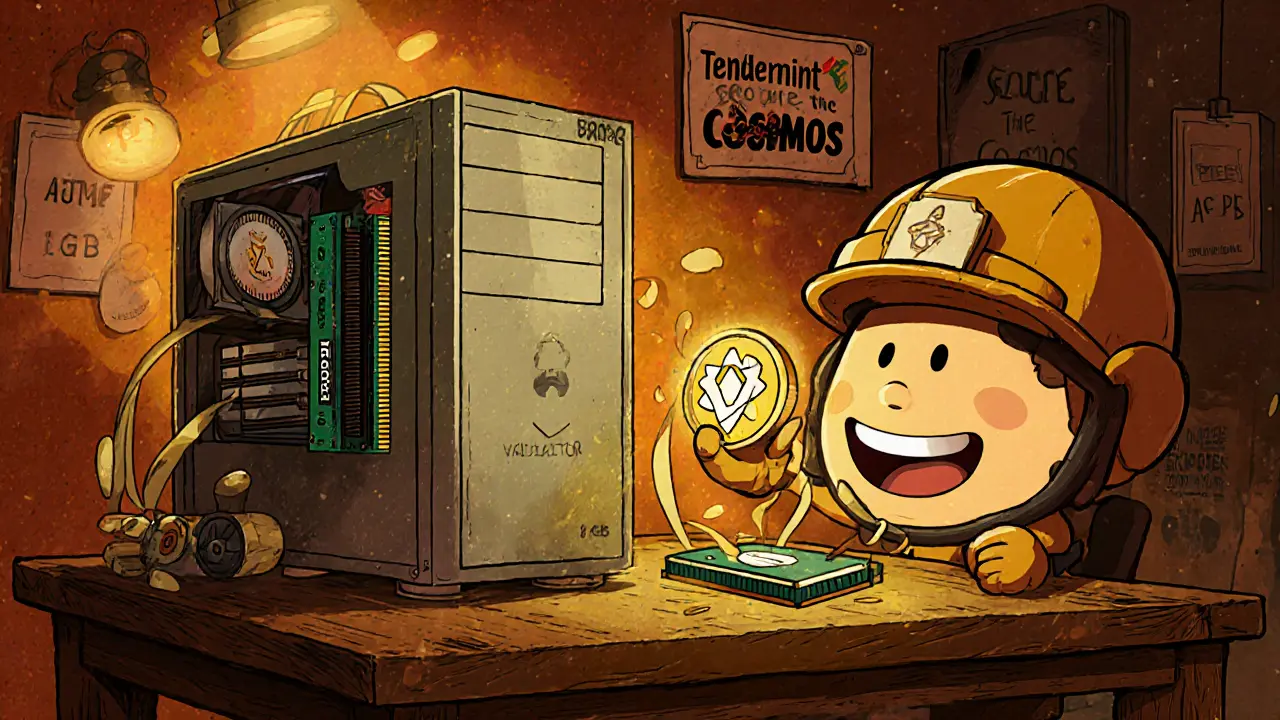 Retro validator workstation with CPU, RAM, SSD, and ATOM token staking into the machine.