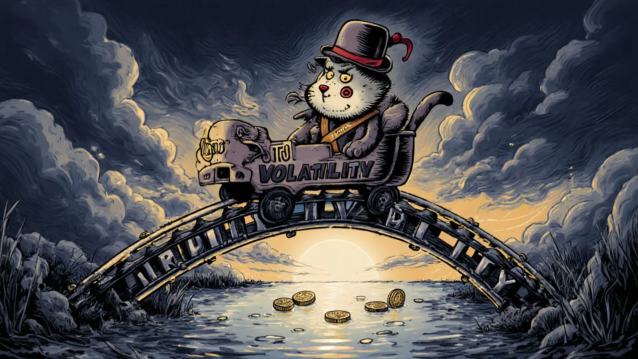 Vintage cartoon cat on a roller coaster representing volatility and thin liquidity.