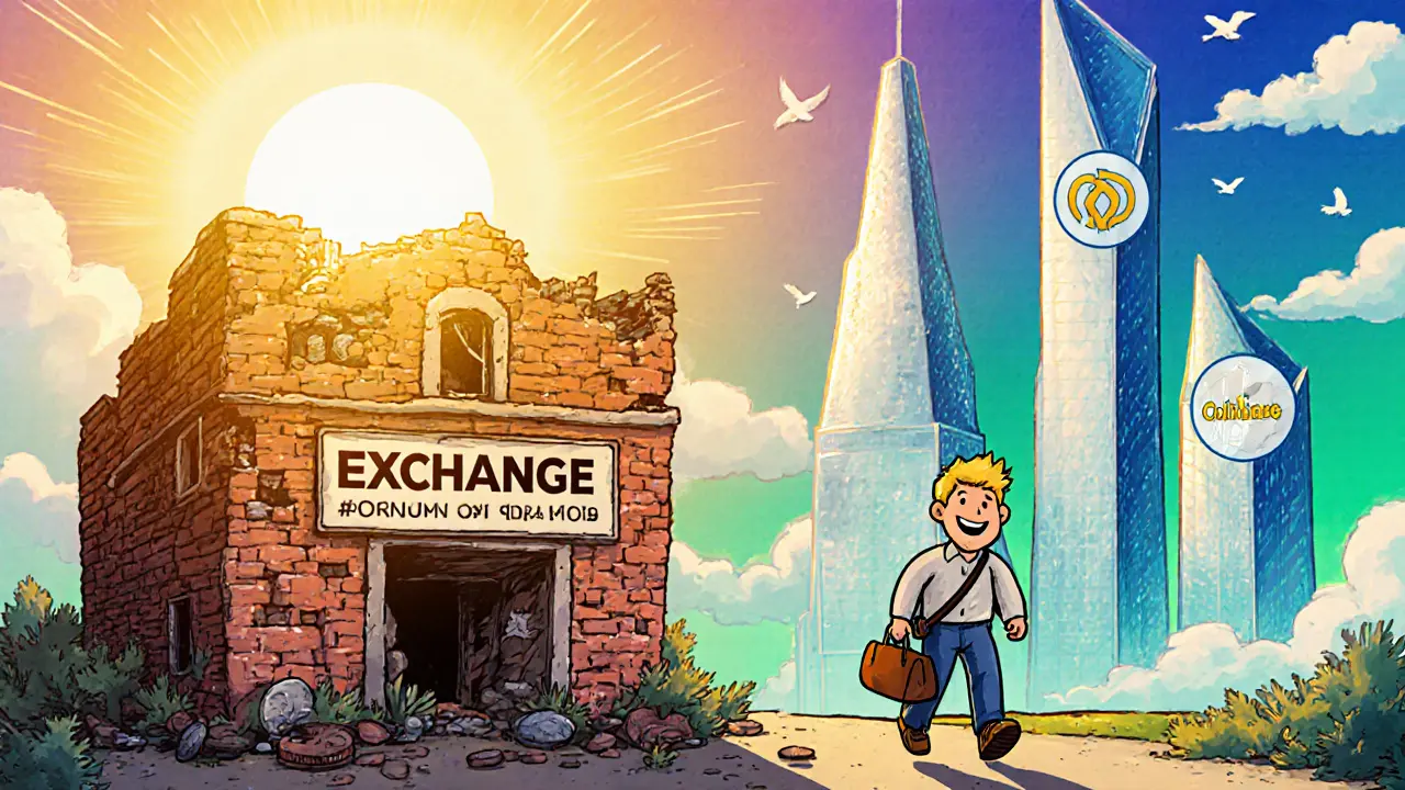 Vintage cartoon user leaving a rundown exchange building toward bright, reputable exchange icons.