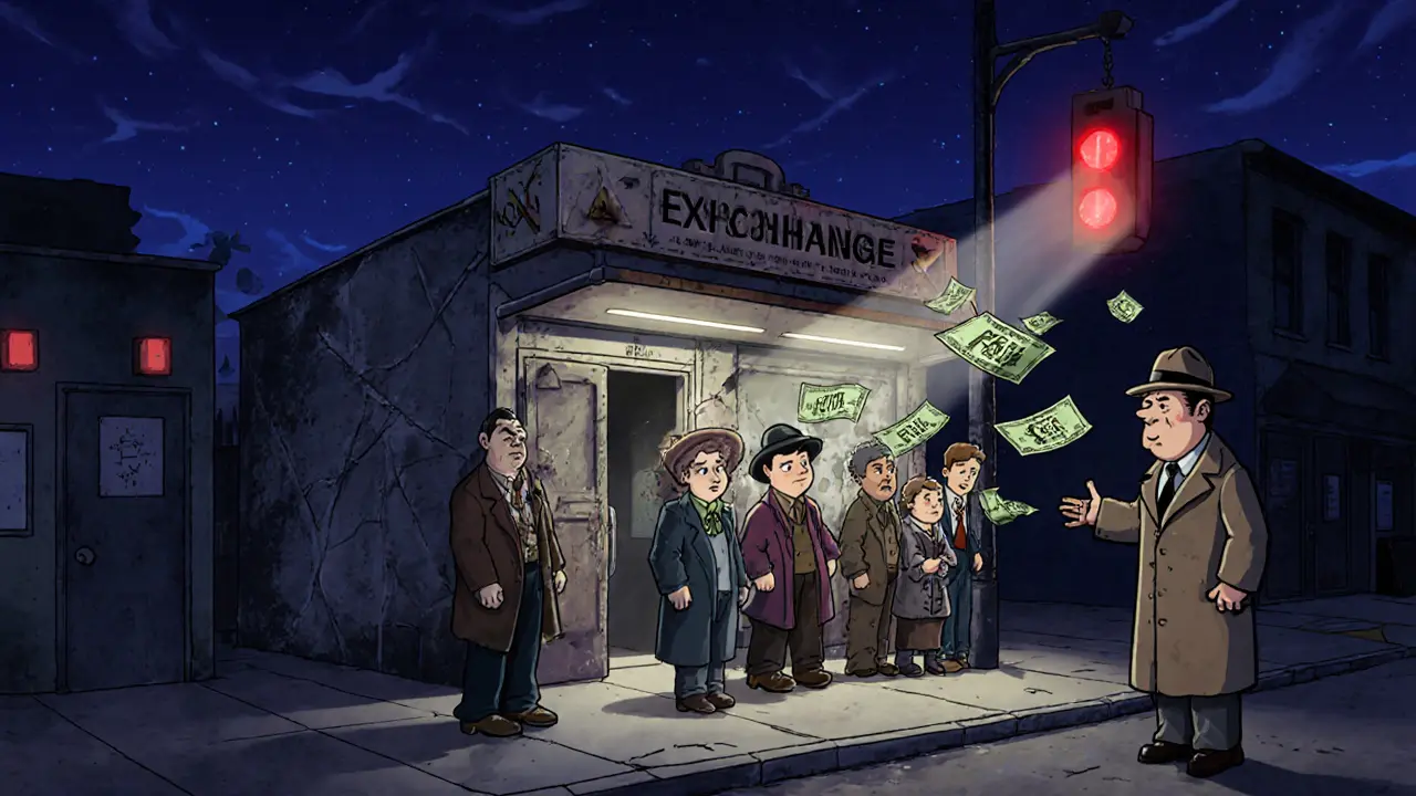 Vintage cartoon users confronted by a shady figure demanding hidden fees, showing red flags.