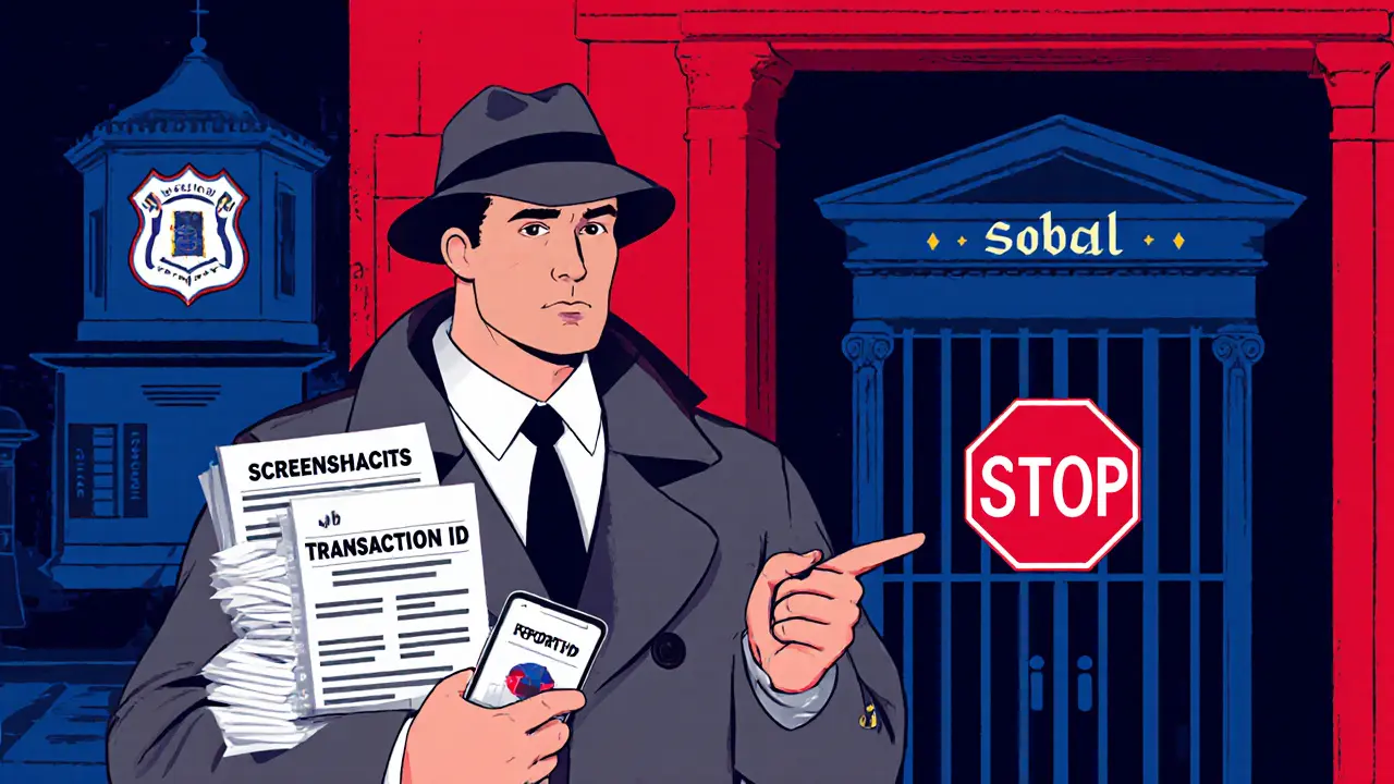 Cartoon detective filing a fraud report and blocking access to Sobal.