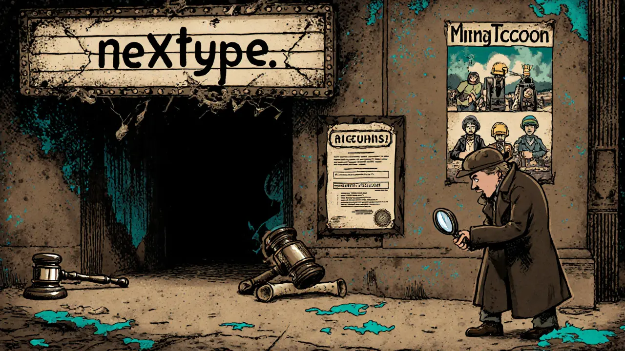 Crumbling NEXTYPE building with broken website sign, CERTIK certificate, and MiningTycoon poster.