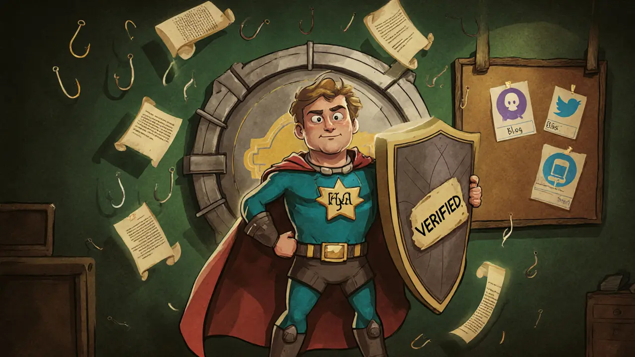Hero protects a wallet vault from phishing hooks with a shield, beside official icons.