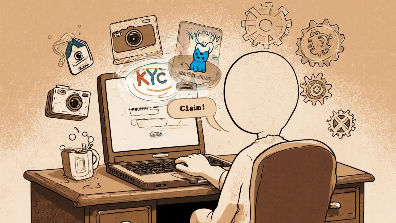 Retro cartoon figure claiming PSWAP airdrop with KYC items and wallet icon.