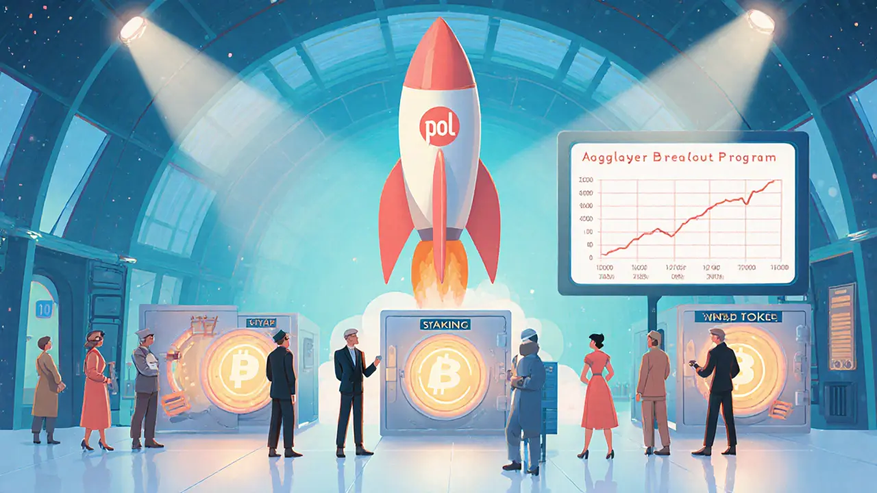 Retro launchpad scene shows people staking POL tokens and a rocket ready to launch.