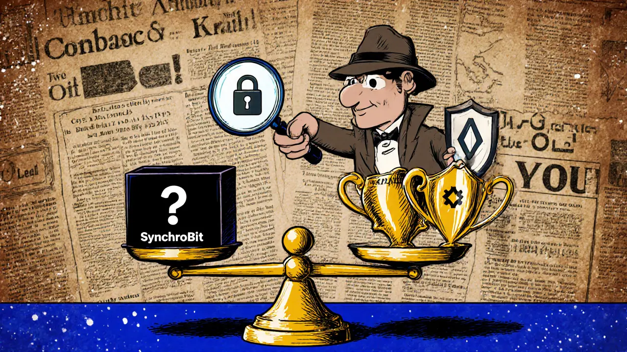 Scale balances a mysterious box against gold trophies, with a detective inspecting security icons.