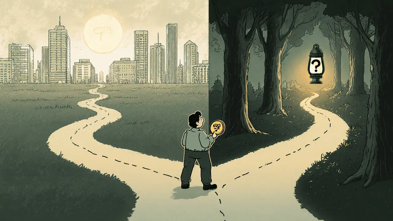 Trader at a forked road choosing between a bright city and a misty forest, holding an SNB coin.