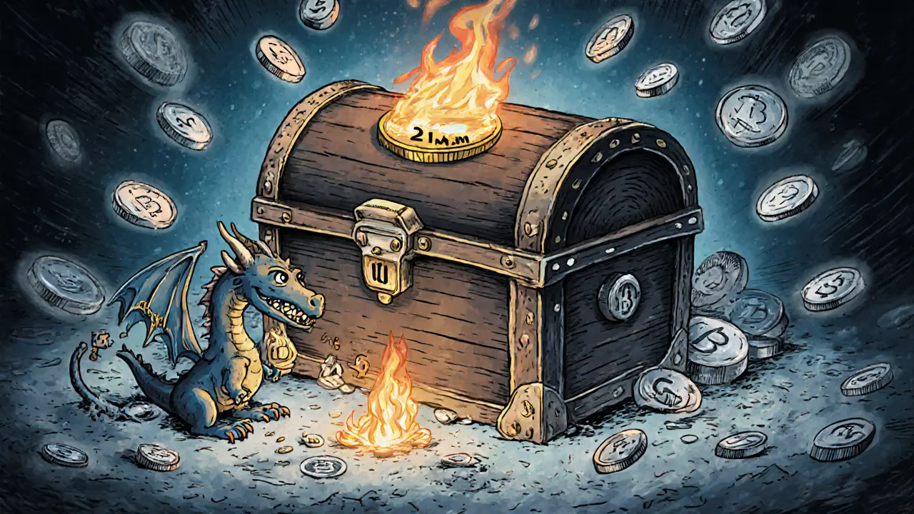 Vault with a capped chest and a dragon burning tokens to show scarcity.