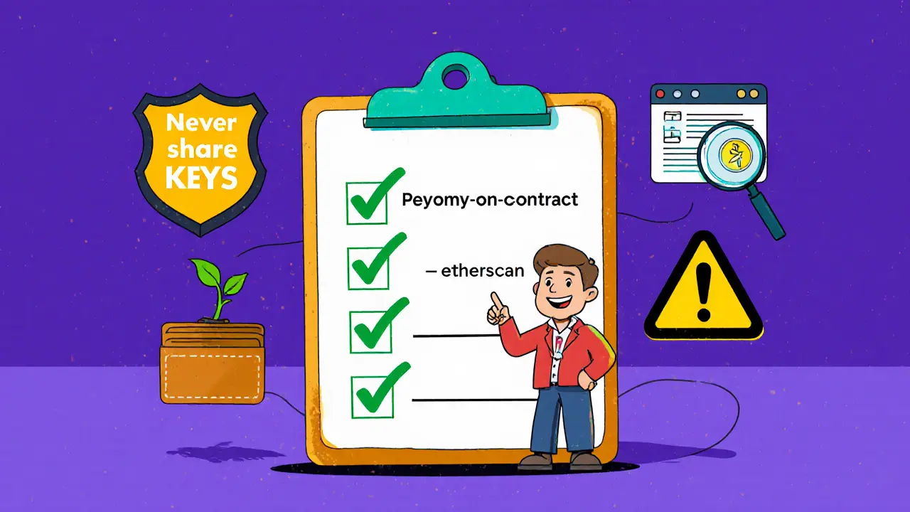 Vintage cartoon checklist showing safe steps to claim a crypto airdrop.