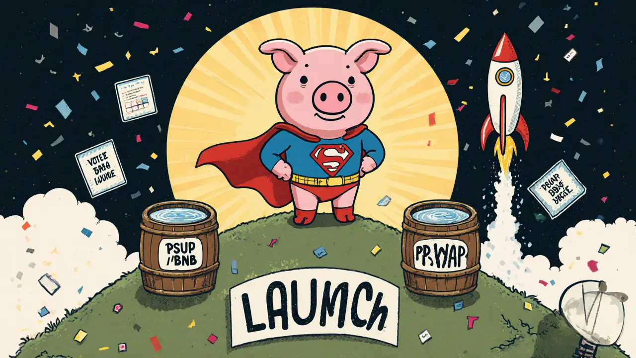 Vintage cartoon of pig hero on launch hill with rockets and liquidity pools.